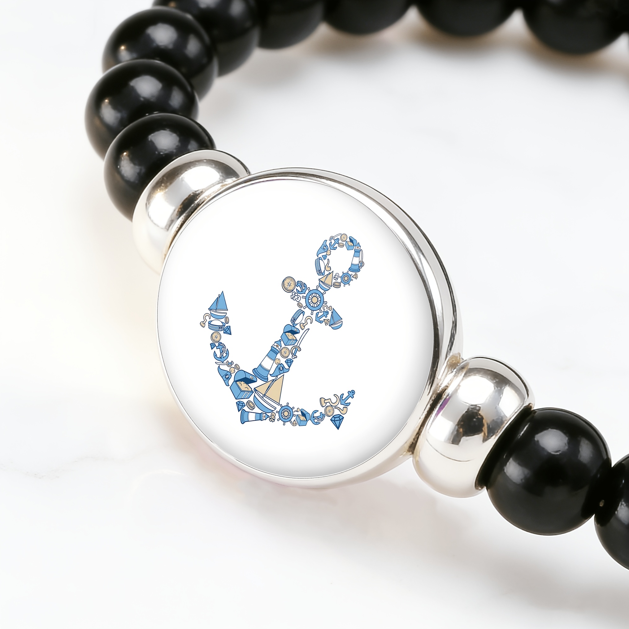 Classic Black Plastic Bead Adjustable Bracelet with Ocean Elements